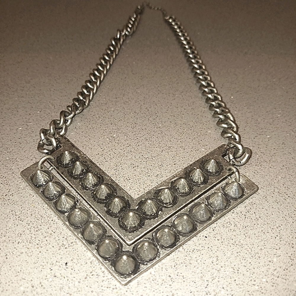 Silver Chain Necklace with Studded V Pendant